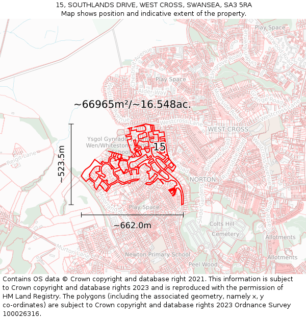 15, SOUTHLANDS DRIVE, WEST CROSS, SWANSEA, SA3 5RA: Plot and title map