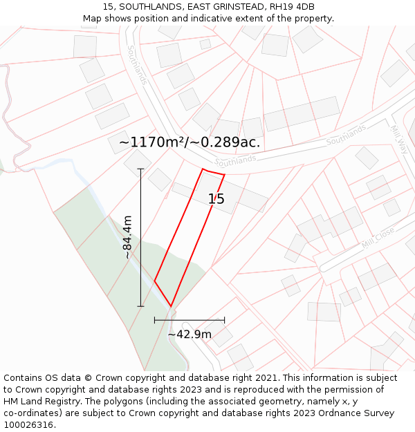 15, SOUTHLANDS, EAST GRINSTEAD, RH19 4DB: Plot and title map