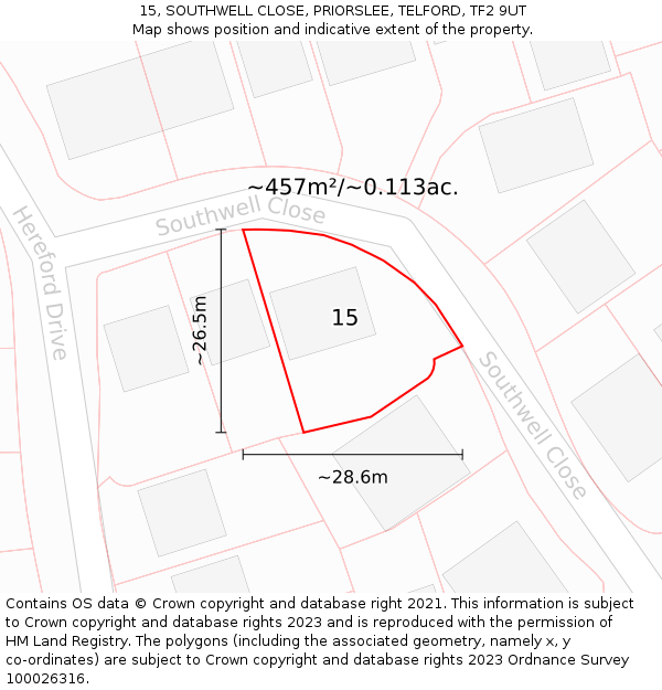 15, SOUTHWELL CLOSE, PRIORSLEE, TELFORD, TF2 9UT: Plot and title map
