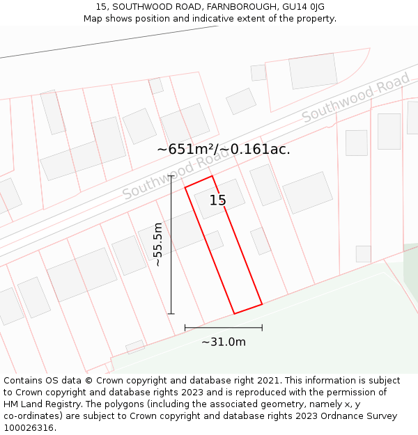 15, SOUTHWOOD ROAD, FARNBOROUGH, GU14 0JG: Plot and title map