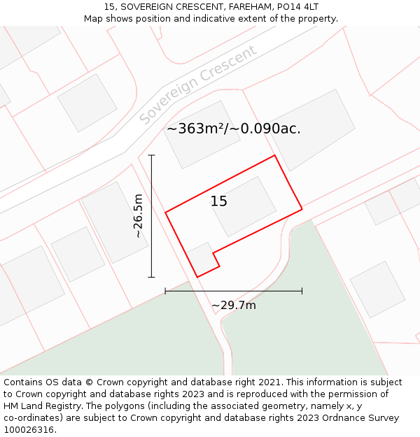 15, SOVEREIGN CRESCENT, FAREHAM, PO14 4LT: Plot and title map