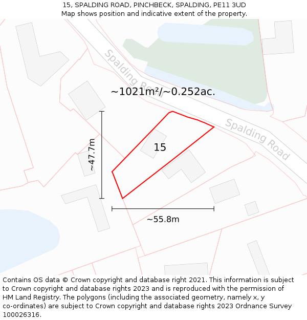 15, SPALDING ROAD, PINCHBECK, SPALDING, PE11 3UD: Plot and title map