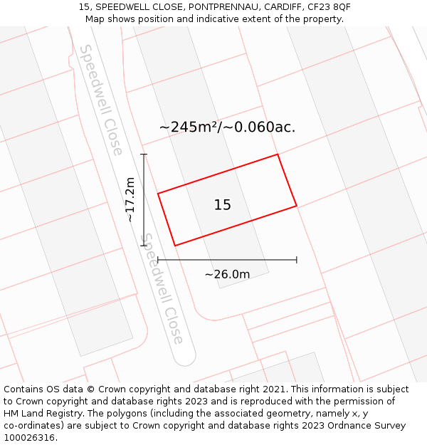 15, SPEEDWELL CLOSE, PONTPRENNAU, CARDIFF, CF23 8QF: Plot and title map