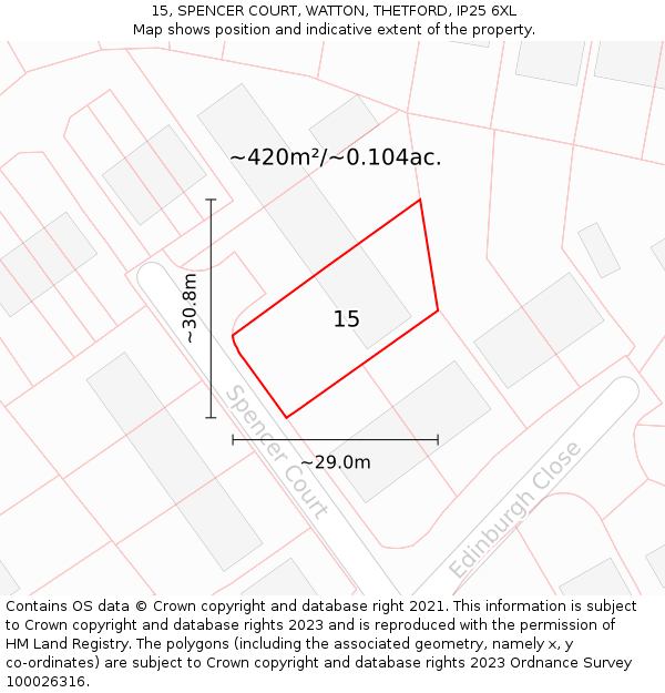 15, SPENCER COURT, WATTON, THETFORD, IP25 6XL: Plot and title map