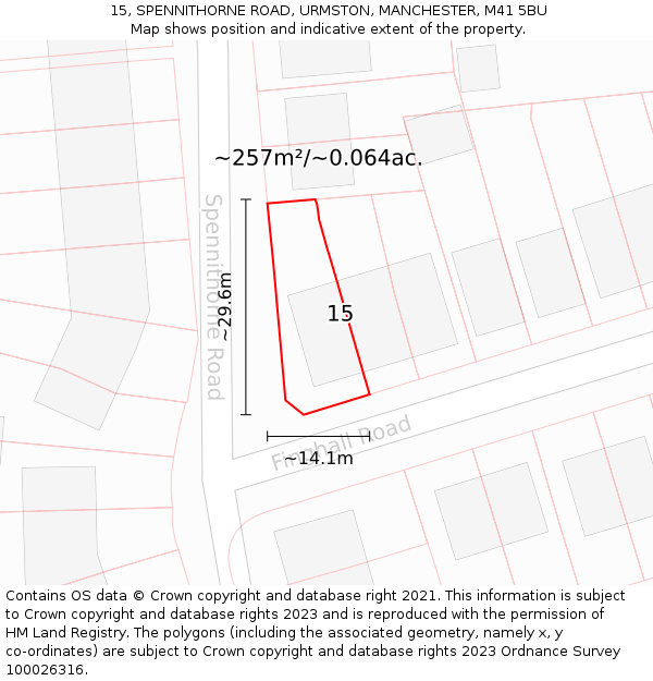 15, SPENNITHORNE ROAD, URMSTON, MANCHESTER, M41 5BU: Plot and title map