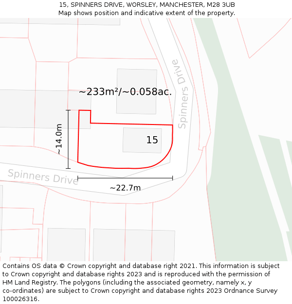 15, SPINNERS DRIVE, WORSLEY, MANCHESTER, M28 3UB: Plot and title map