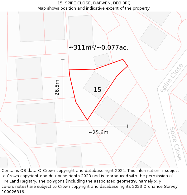 15, SPIRE CLOSE, DARWEN, BB3 3RQ: Plot and title map