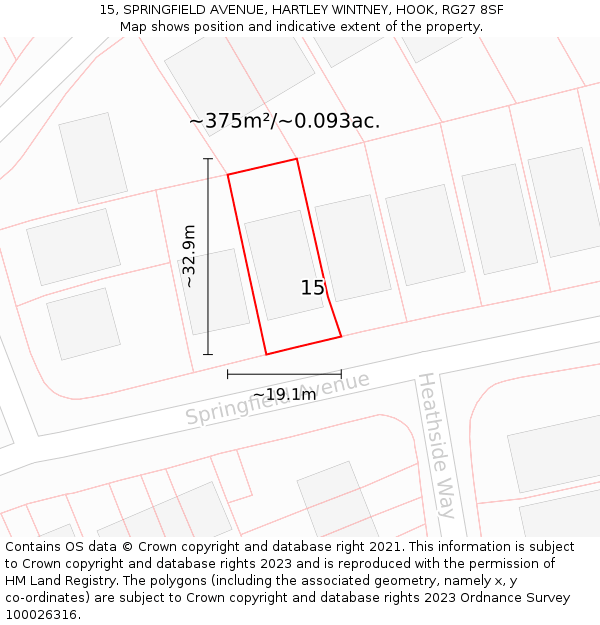 15, SPRINGFIELD AVENUE, HARTLEY WINTNEY, HOOK, RG27 8SF: Plot and title map