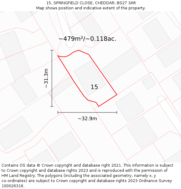 15, SPRINGFIELD CLOSE, CHEDDAR, BS27 3AR: Plot and title map