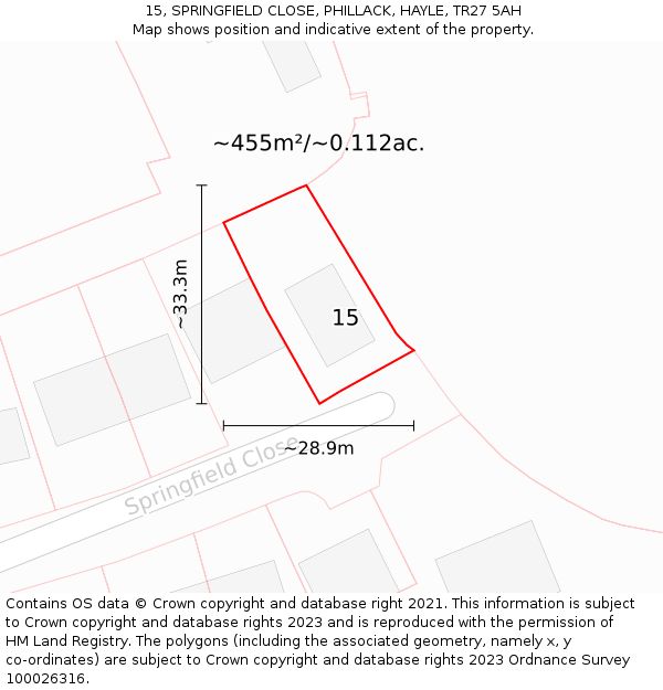 15, SPRINGFIELD CLOSE, PHILLACK, HAYLE, TR27 5AH: Plot and title map