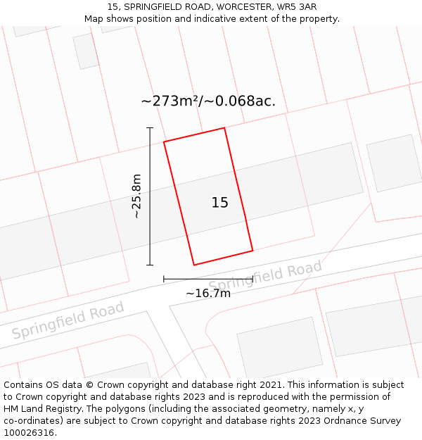 15, SPRINGFIELD ROAD, WORCESTER, WR5 3AR: Plot and title map