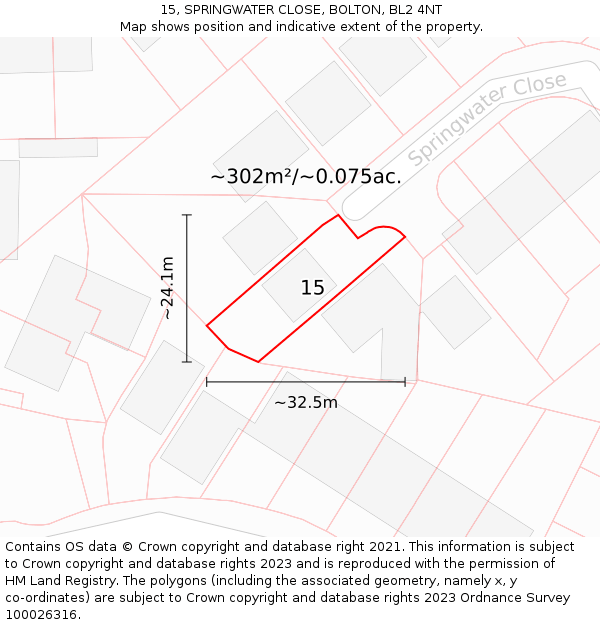 15, SPRINGWATER CLOSE, BOLTON, BL2 4NT: Plot and title map