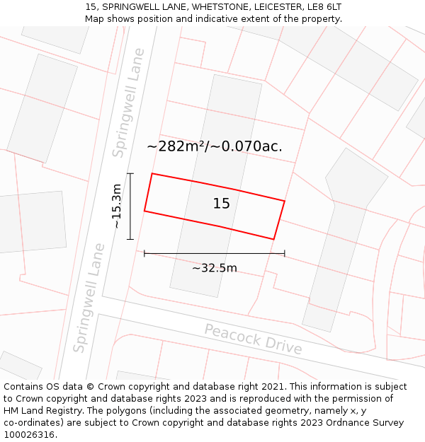 15, SPRINGWELL LANE, WHETSTONE, LEICESTER, LE8 6LT: Plot and title map