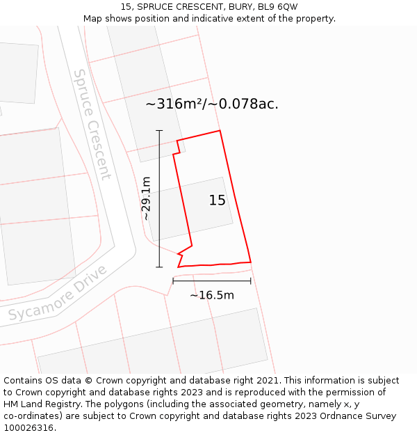 15, SPRUCE CRESCENT, BURY, BL9 6QW: Plot and title map