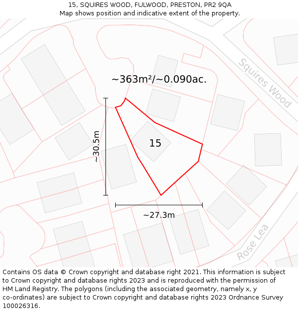 15, SQUIRES WOOD, FULWOOD, PRESTON, PR2 9QA: Plot and title map