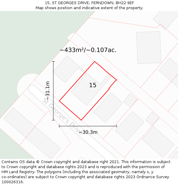 15, ST GEORGES DRIVE, FERNDOWN, BH22 9EF: Plot and title map