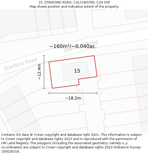 15, STANFORD ROAD, COLCHESTER, CO4 5NF: Plot and title map