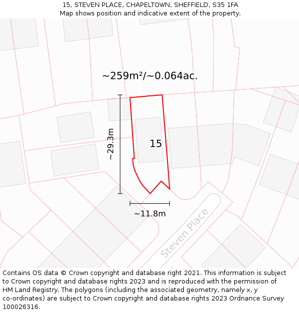 15, STEVEN PLACE, CHAPELTOWN, SHEFFIELD, S35 1FA: Plot and title map