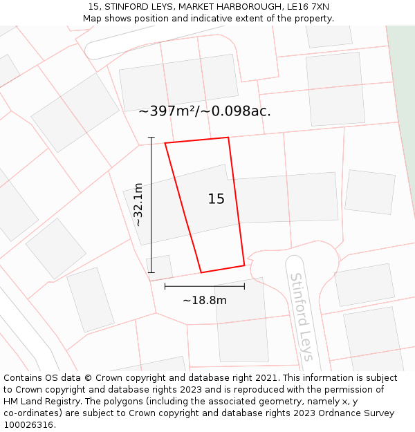 15, STINFORD LEYS, MARKET HARBOROUGH, LE16 7XN: Plot and title map