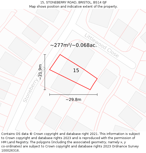 15, STONEBERRY ROAD, BRISTOL, BS14 0JF: Plot and title map