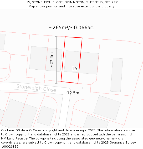 15, STONELEIGH CLOSE, DINNINGTON, SHEFFIELD, S25 2RZ: Plot and title map