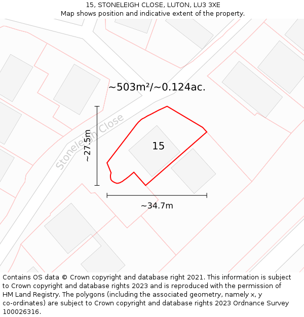 15, STONELEIGH CLOSE, LUTON, LU3 3XE: Plot and title map