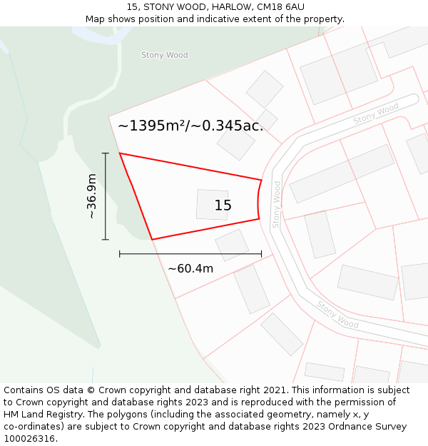 15, STONY WOOD, HARLOW, CM18 6AU: Plot and title map