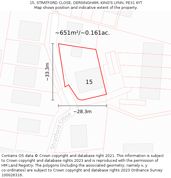 15, STRATFORD CLOSE, DERSINGHAM, KING'S LYNN, PE31 6YT: Plot and title map