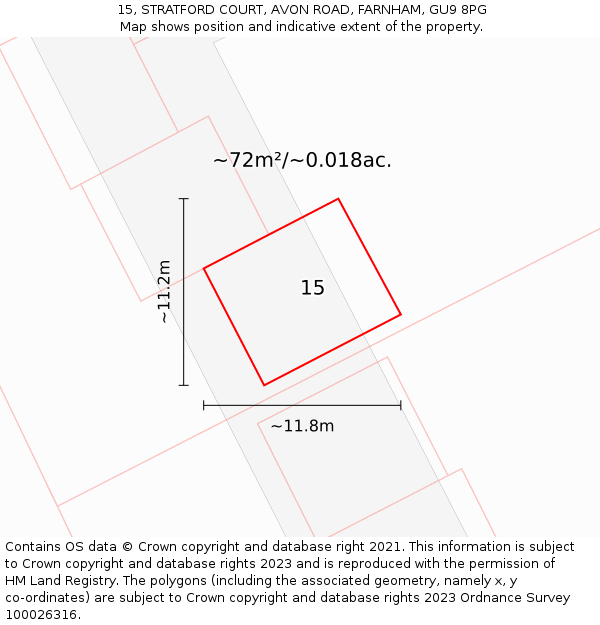 15, STRATFORD COURT, AVON ROAD, FARNHAM, GU9 8PG: Plot and title map