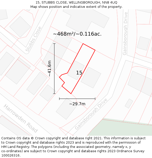 15, STUBBS CLOSE, WELLINGBOROUGH, NN8 4UQ: Plot and title map