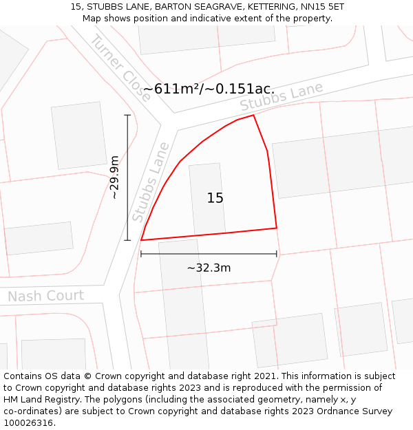 15, STUBBS LANE, BARTON SEAGRAVE, KETTERING, NN15 5ET: Plot and title map