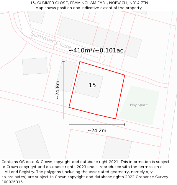 15, SUMMER CLOSE, FRAMINGHAM EARL, NORWICH, NR14 7TN: Plot and title map