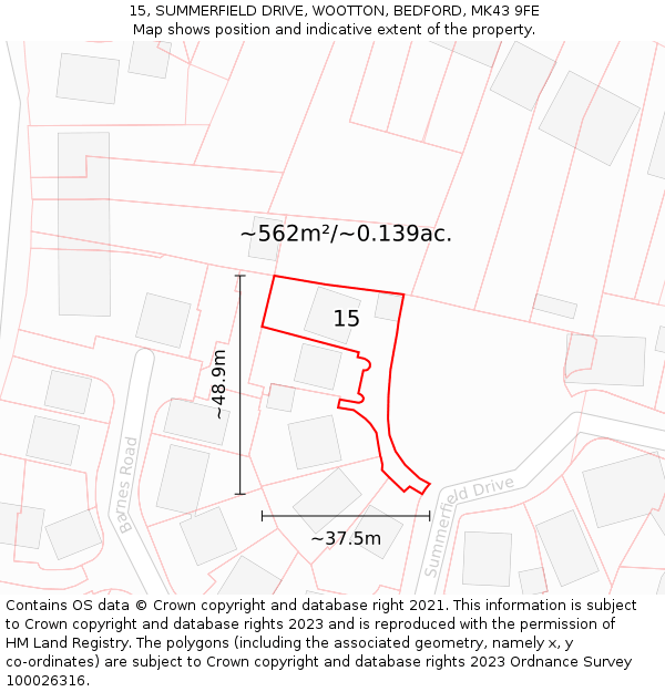 15, SUMMERFIELD DRIVE, WOOTTON, BEDFORD, MK43 9FE: Plot and title map