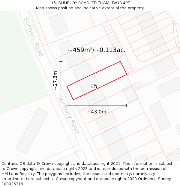 15, SUNBURY ROAD, FELTHAM, TW13 4PE: Plot and title map