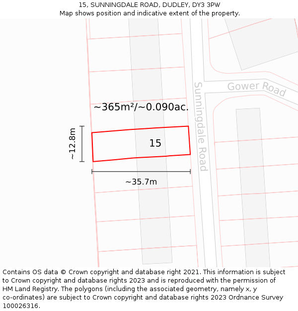 15, SUNNINGDALE ROAD, DUDLEY, DY3 3PW: Plot and title map