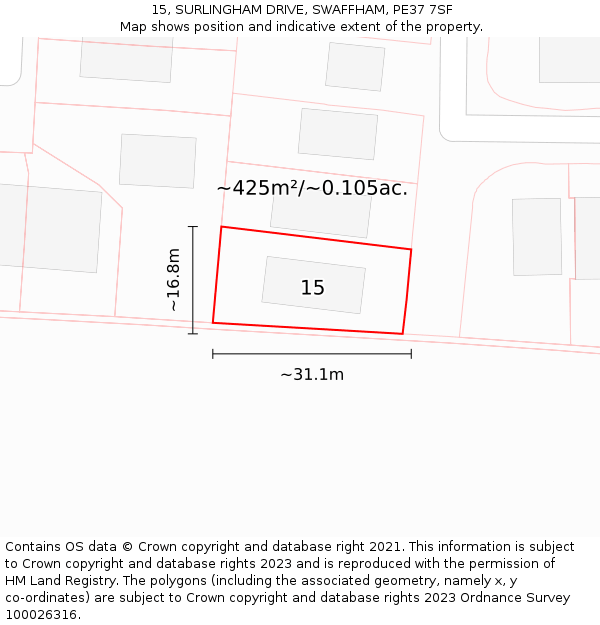 15, SURLINGHAM DRIVE, SWAFFHAM, PE37 7SF: Plot and title map