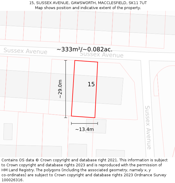 15, SUSSEX AVENUE, GAWSWORTH, MACCLESFIELD, SK11 7UT: Plot and title map