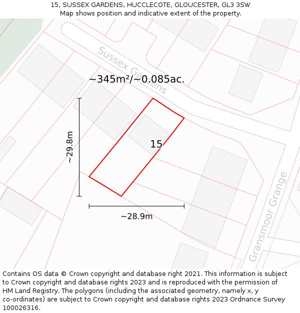 15, SUSSEX GARDENS, HUCCLECOTE, GLOUCESTER, GL3 3SW: Plot and title map