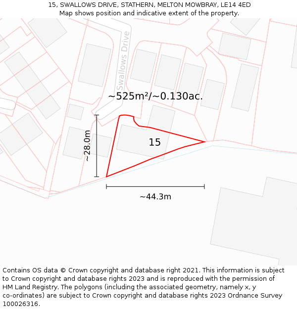 15, SWALLOWS DRIVE, STATHERN, MELTON MOWBRAY, LE14 4ED: Plot and title map