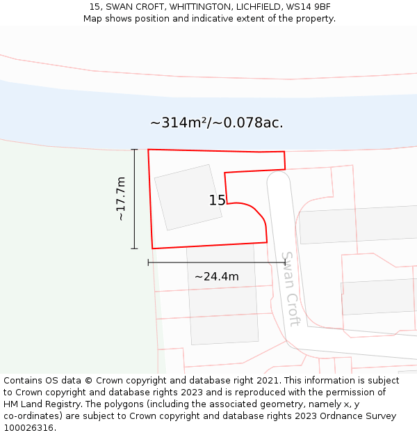 15, SWAN CROFT, WHITTINGTON, LICHFIELD, WS14 9BF: Plot and title map