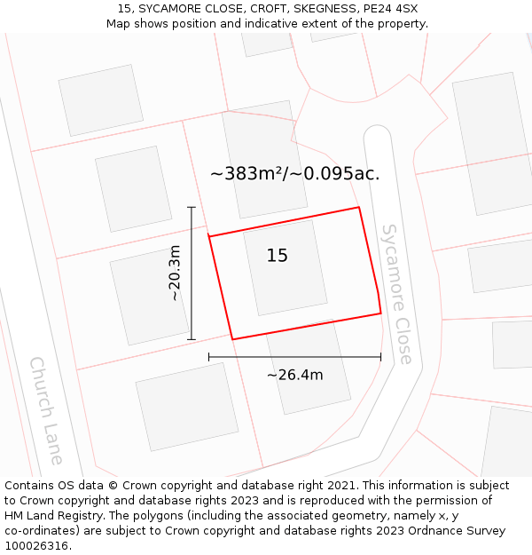 15, SYCAMORE CLOSE, CROFT, SKEGNESS, PE24 4SX: Plot and title map