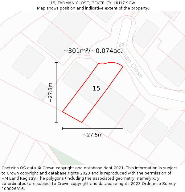 15, TADMAN CLOSE, BEVERLEY, HU17 9GW: Plot and title map