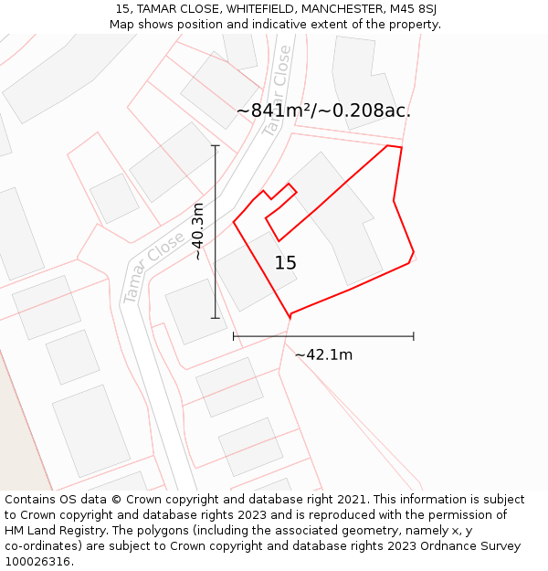 15, TAMAR CLOSE, WHITEFIELD, MANCHESTER, M45 8SJ: Plot and title map