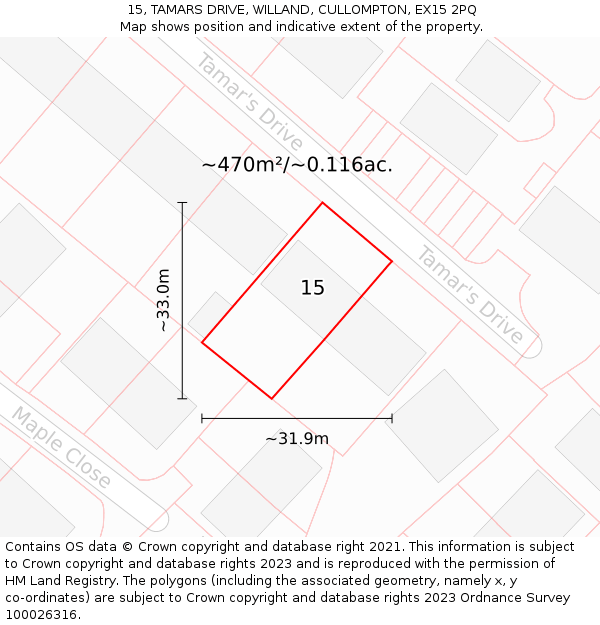 15, TAMARS DRIVE, WILLAND, CULLOMPTON, EX15 2PQ: Plot and title map