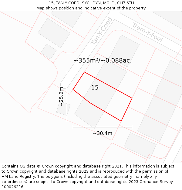 15, TAN Y COED, SYCHDYN, MOLD, CH7 6TU: Plot and title map