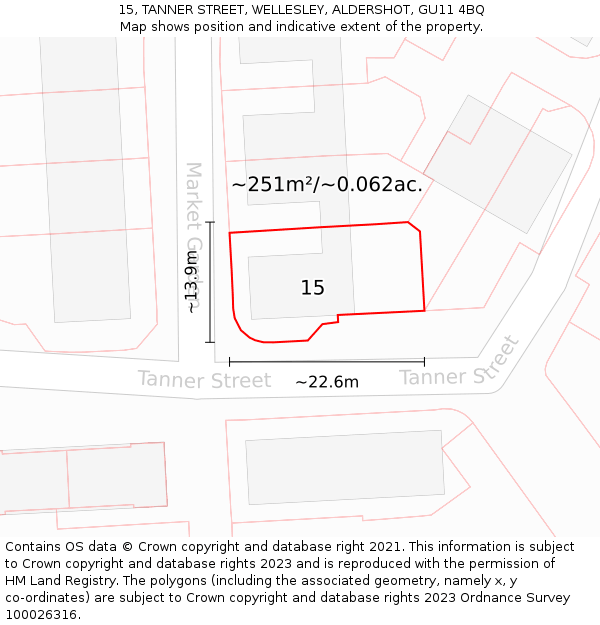 15, TANNER STREET, WELLESLEY, ALDERSHOT, GU11 4BQ: Plot and title map