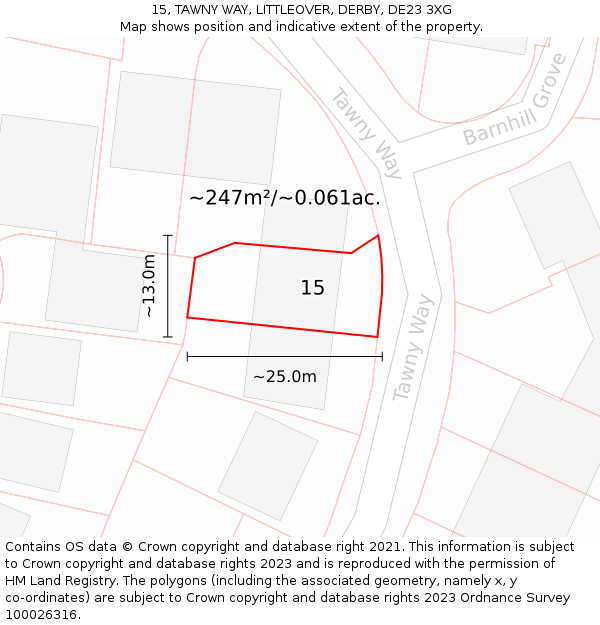 15, TAWNY WAY, LITTLEOVER, DERBY, DE23 3XG: Plot and title map