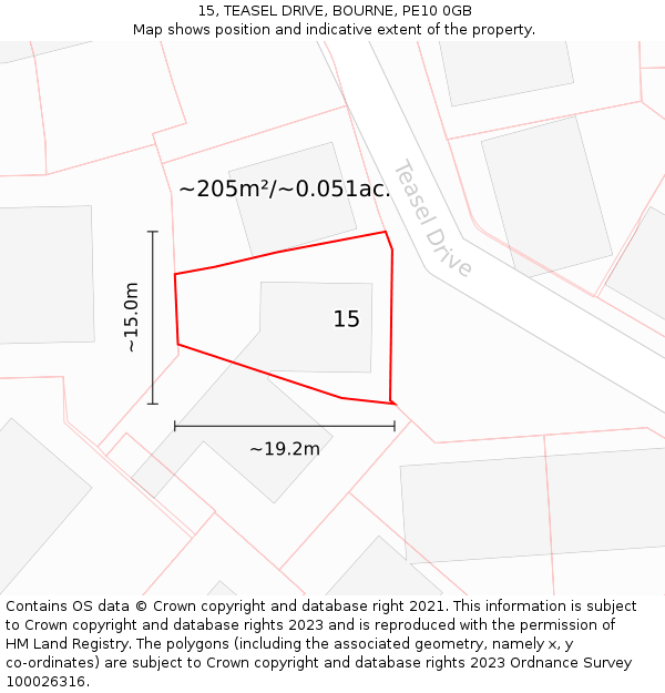 15, TEASEL DRIVE, BOURNE, PE10 0GB: Plot and title map