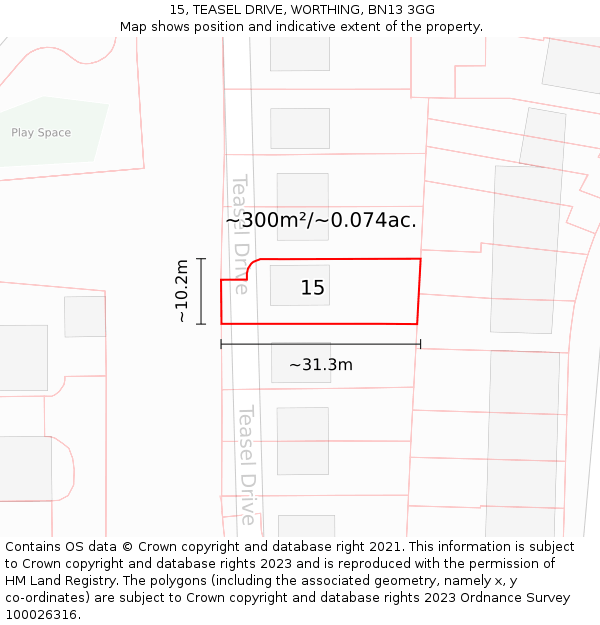 15, TEASEL DRIVE, WORTHING, BN13 3GG: Plot and title map