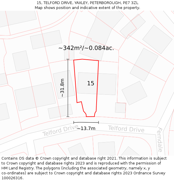 15, TELFORD DRIVE, YAXLEY, PETERBOROUGH, PE7 3ZL: Plot and title map